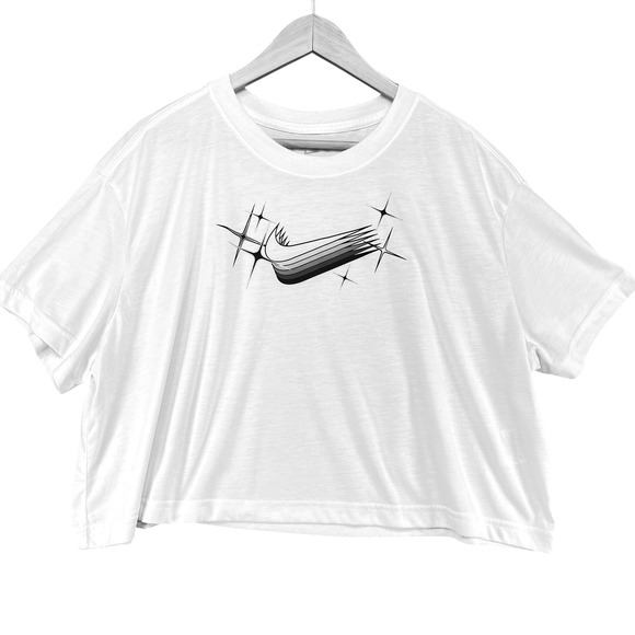 Nike Dri-Fit Cropped Graphic Tee White‎ Sparkle Swoosh Logo XL - Picture 1 of 5